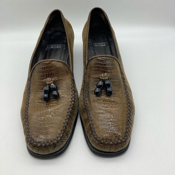 Stuart Weitzman Tassel Croc Embossed Leather Loafers 8B Spain - Picture 2 of 10